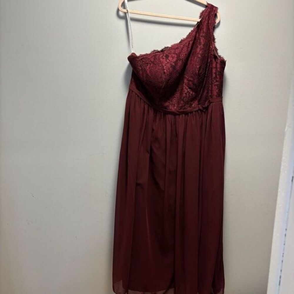 Azazie A20‎ 1 Shoulder Maroon Lace Chiffon Bridesmaid Dress Pockets Slit Lined